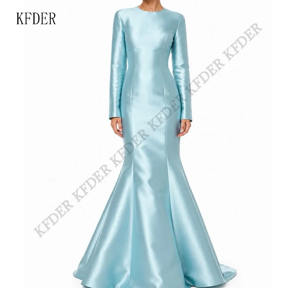 Exquisite Blue O Neck Mermaid Evening Dresses Full Sleeves Satin Formal Dress Special Occasion Party Gowns 2026 Customized