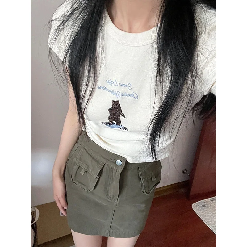 Reine Baumwolle ort Sve besticktes T-Shirt Damen Sommer Slim Fit Sli Weiß Oulder Länge Trendy Top Ins Sle