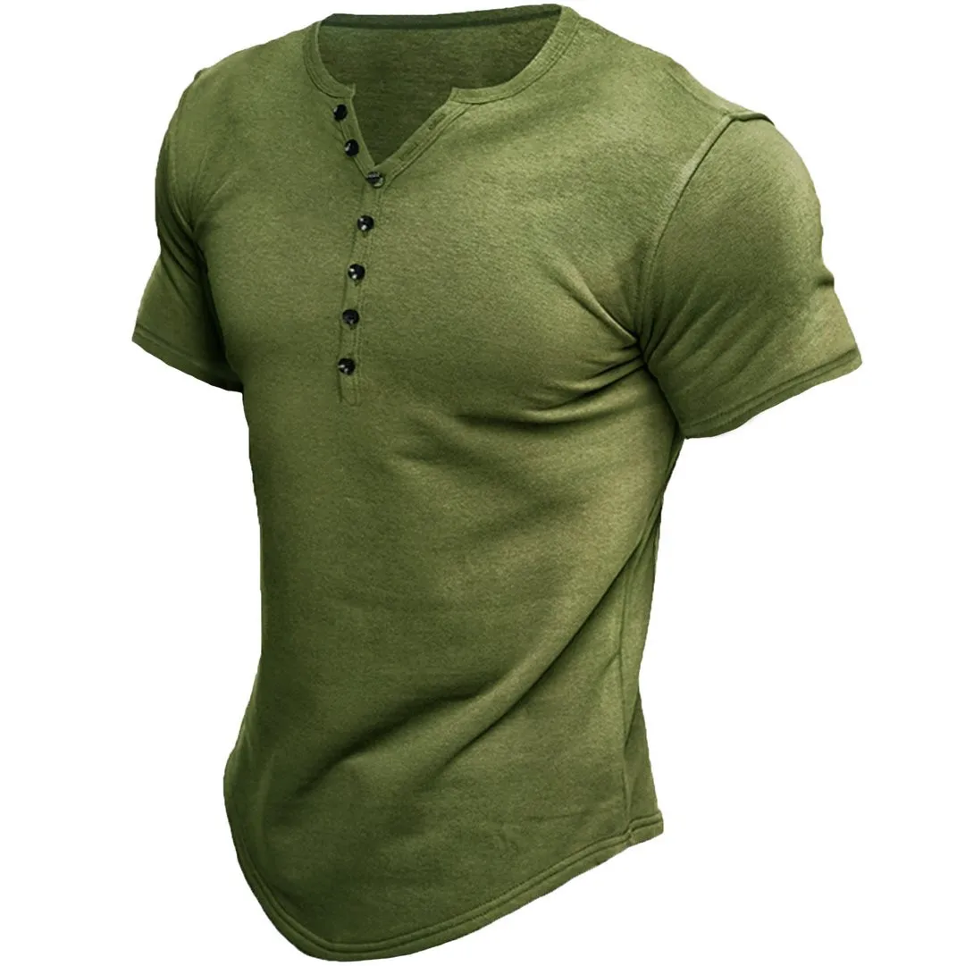 New Summer Harajuku Henry Collar T-Shirt for Men Solid Short Sleeve Button Casual Tshirt Fashion Tees Mens Clothing 2026