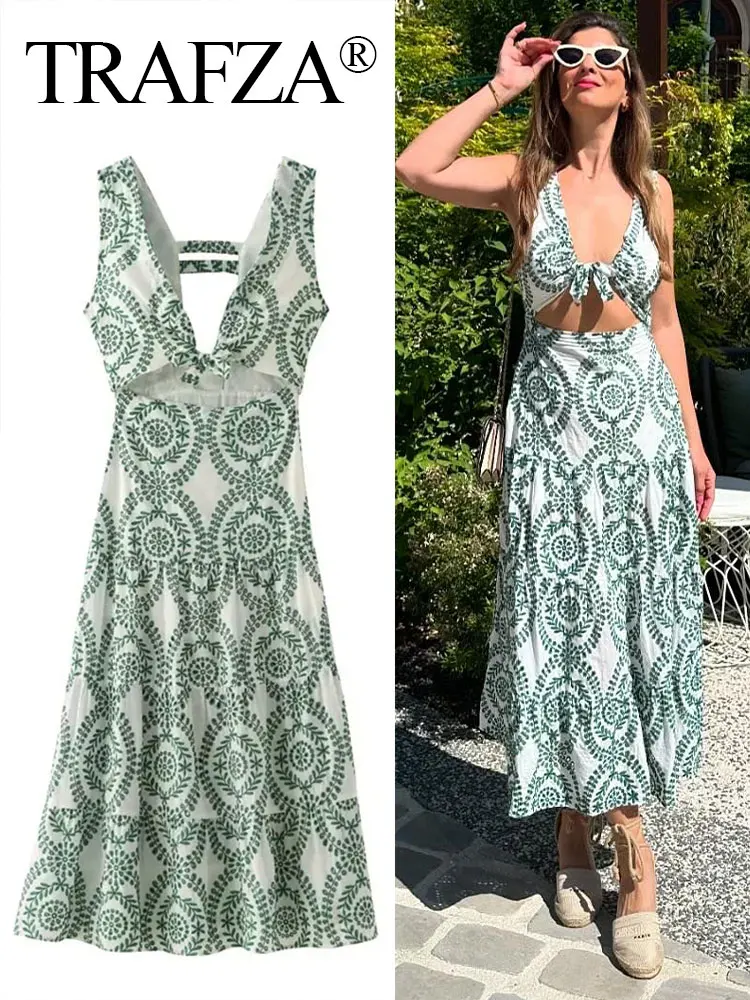 TRAFZA Summer Dress For Women 2024 Embroidery Print V-Neck Sleeveless Hollow Out Backless Long Dresses Bow Vintage Woman Dress