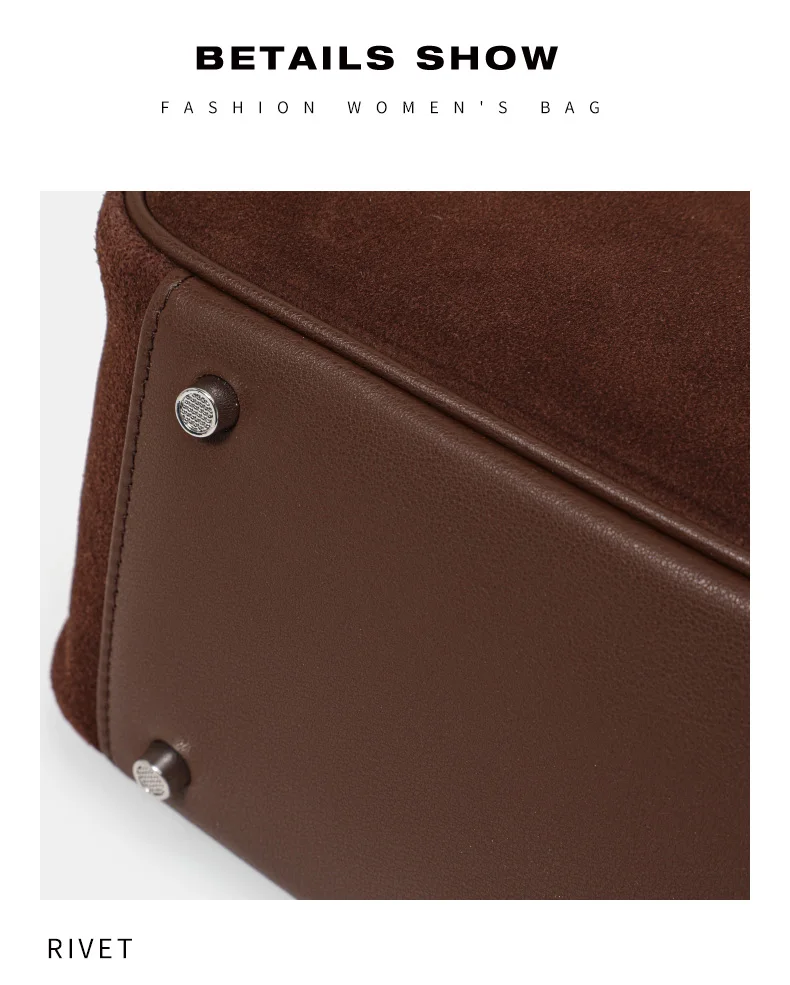 Echte Rindsleder-Damenhandtasche, Einzel-Schulter-Unterarmtasche, Wildleder-Gebürstete Bowling-Tasche – Detail 12