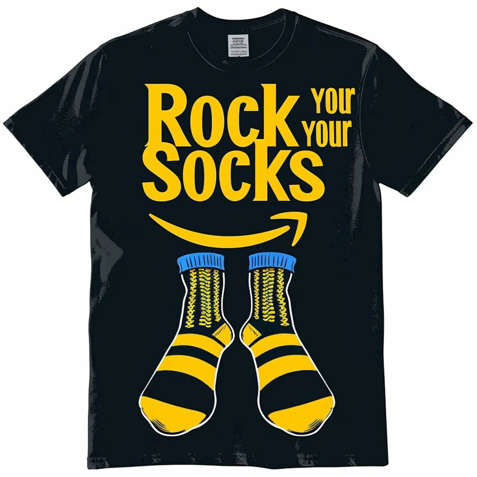 Camiseta estampada Rock Your Socks, diseño azul y amarillo, negra medianoche