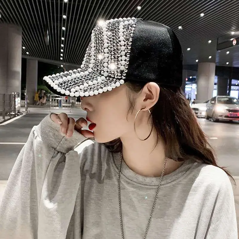 2020 Rhinestones Luxury Pearl Sequins Baseball Cap for Women Summer Cotton Hat Girls Snapback Hip Hop Hat Gorras Casquette Bones