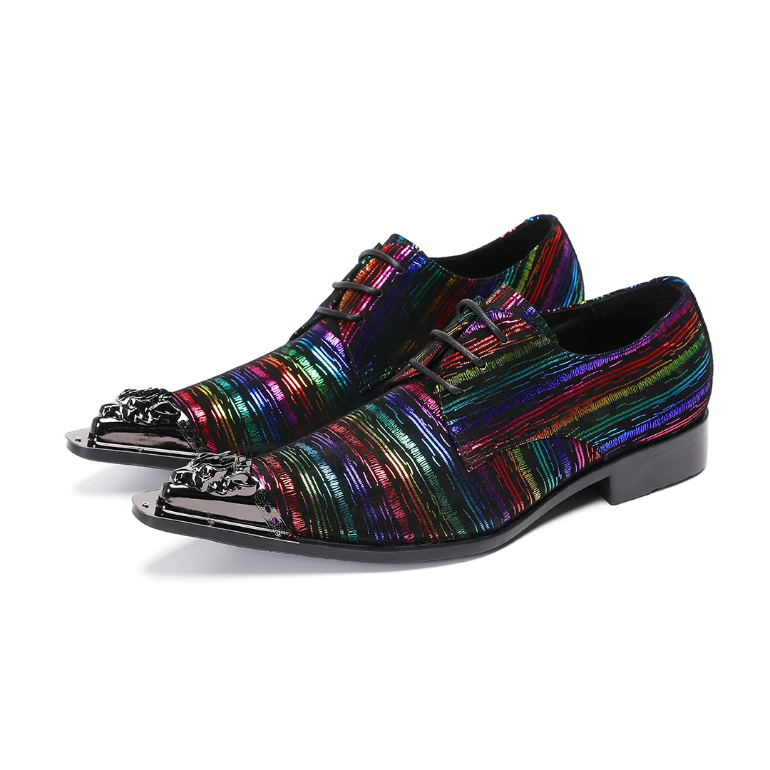Brand New Multicolor Stripe Genuine Leather Loafers Men Luxury Metal Toe Slip On Oxfords Flats Formal Party Dress Shoes