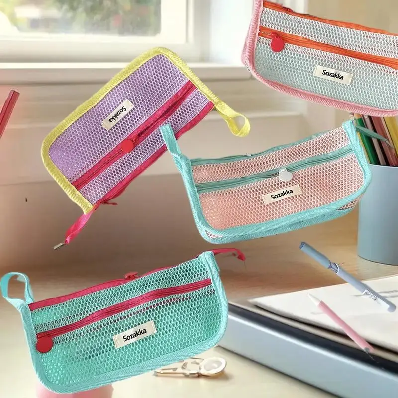 多用途のかわいいメッシュペンシルポーチ、コントラストカラーの大容量収納バッグ。