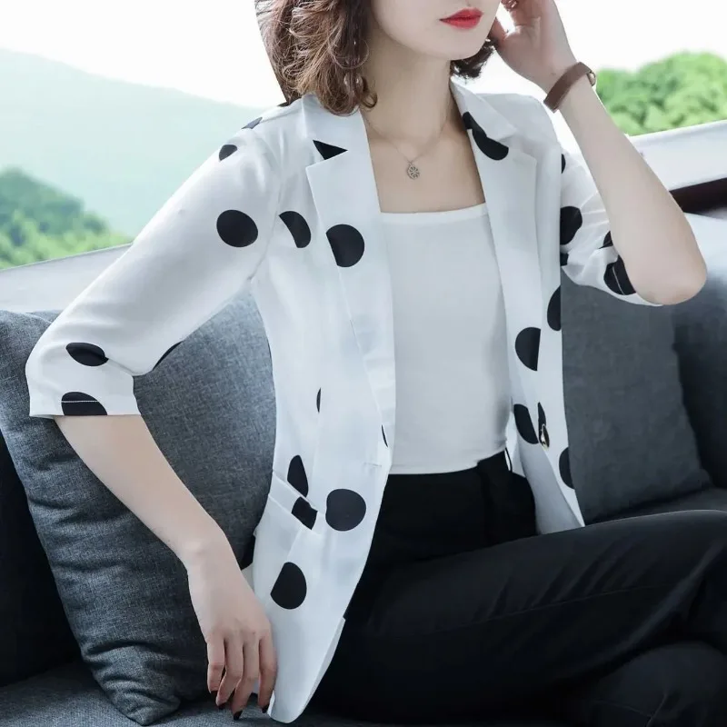 Short Print Women Blazer Coat Sun Protection 2023 Korean New Summer Autumn 3/4 Sleeve Cardigan Female Suit Outerwear M-4XL 69