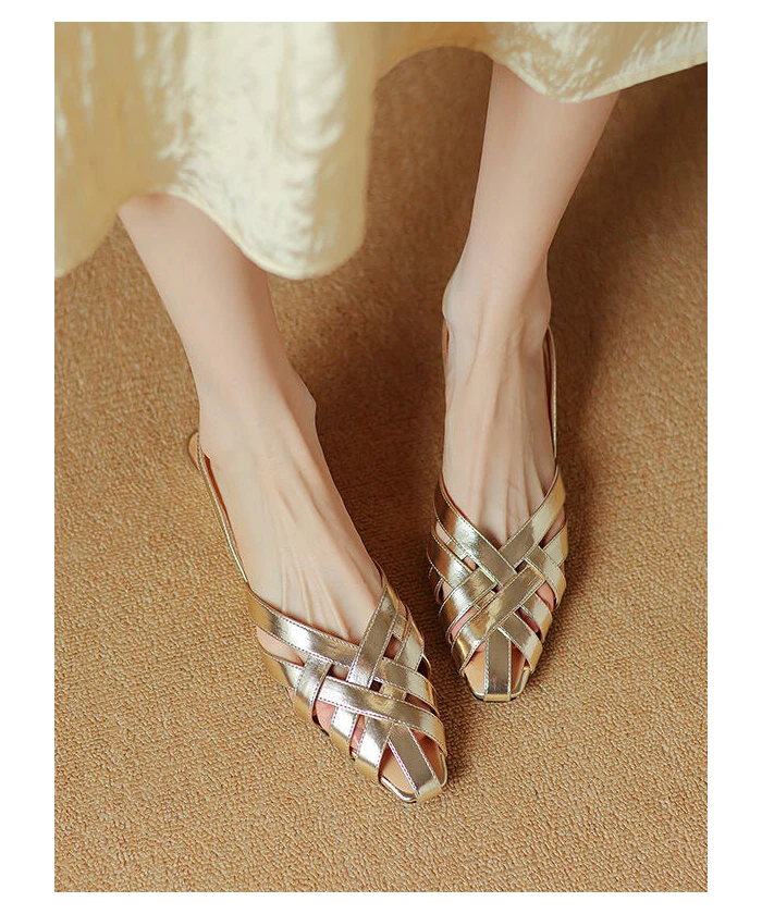 Summer Outwear French Gold Hollow Knitted Headed Sandals for Women Silver Temperament Pointed Flat Sole Single Shoes