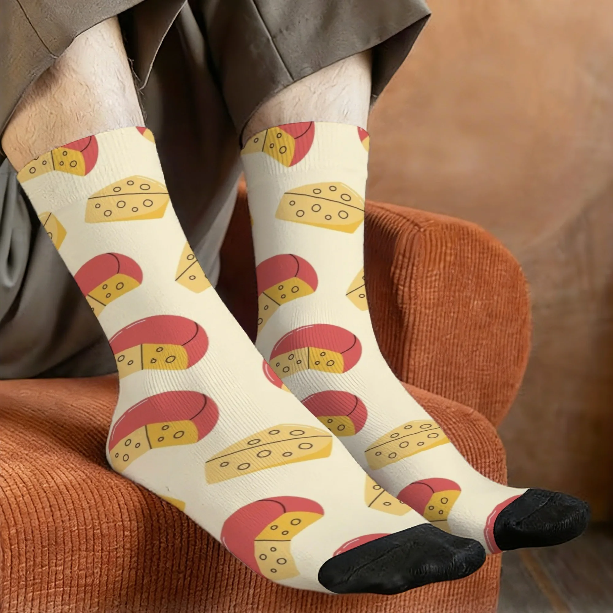 Harajuku Retro Lustige Lebensmittel-Käse-Pizza-Druck Herrensocken Neuartige Cartoon-Straßendruck Freizeitsocken Verrücktes Party-Urlaubsgeschenk