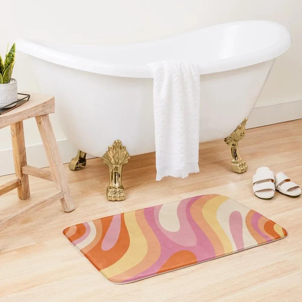 

Wavy Loops Retro Abstract Pattern in Retro Orange Yellow Thulian Pink Cream Bath Mat Bathroom Rug Set DoorEntrance Door Mat