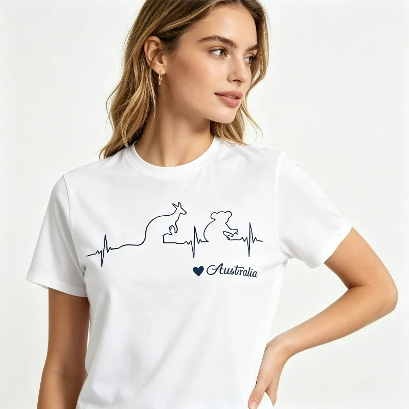 I Love Australia Kangaroo Koala Heartbeat T-Shirt Women 100% Cotton Front Print for Travel Lover Casual