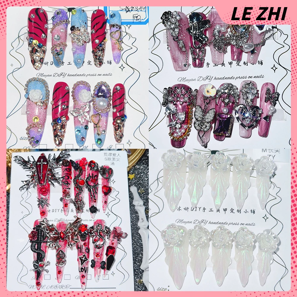 

Y2K Spice Girl Long Coffin Stilettos Handmade False Nail Hello Kitty Metal Butterfly Chain Diamond Bow Pearl French False Nail