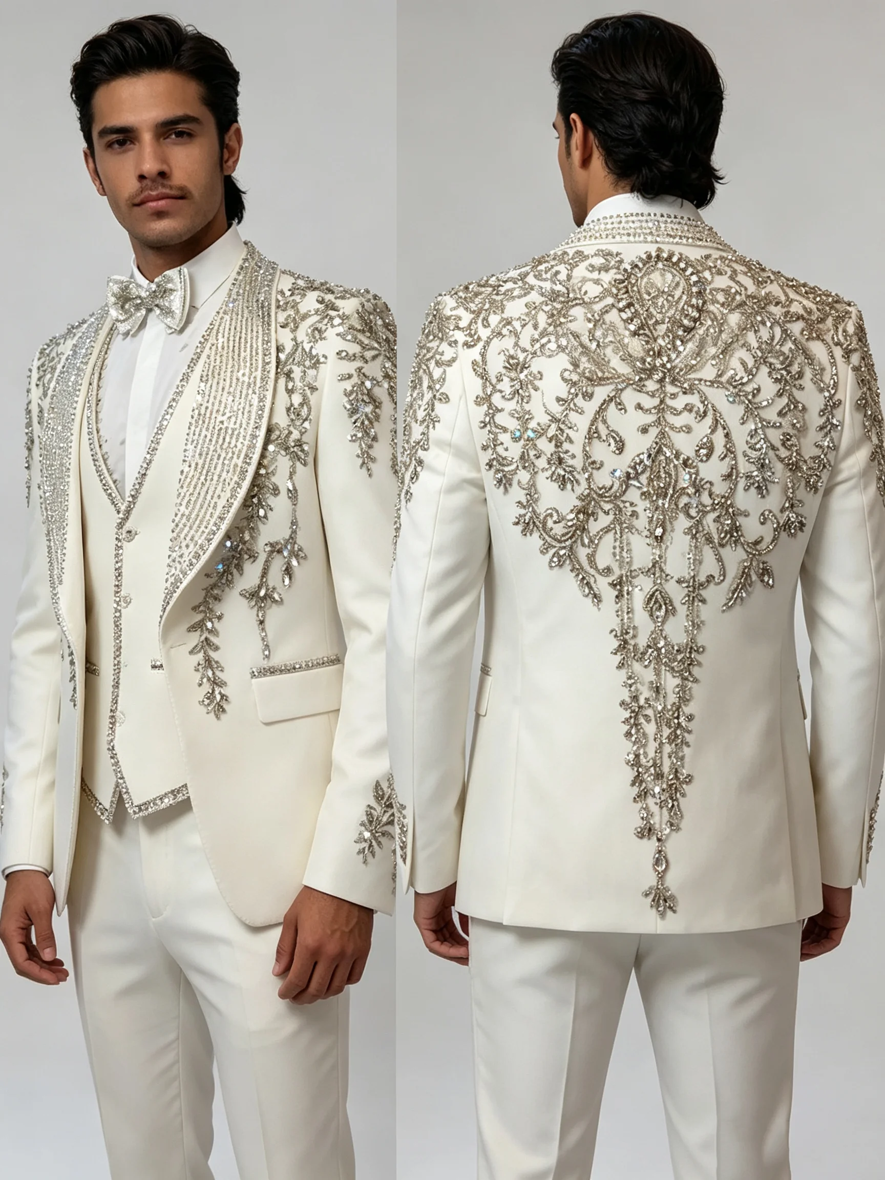Exclusive SuitsMens Sparkly Sequins Lapel Prom Blazer Customized Diamond Beaded Jacket Vest Pants 3 Pieces Sets Costumes Homme