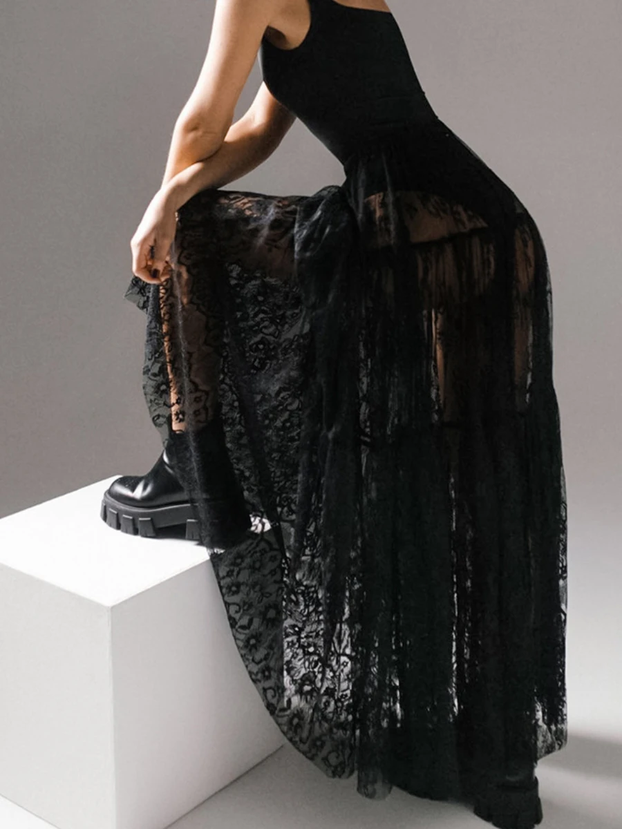 Blubelle Summer New Black Lace Chic Long Skirt Sexy Perspective Niche Temperament Half Skirt Fashionable Women's Loose Skirt