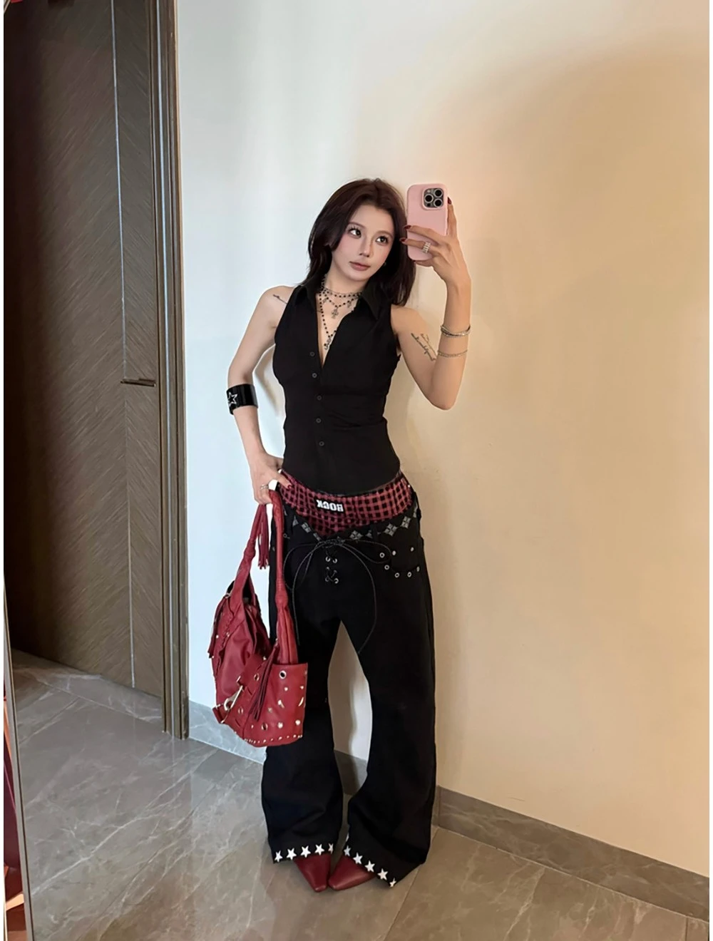 Harajuku Niche Double Waist Drawstring Scimitar Jeans Contrast Color Star Letter Printing Stacked Design Trousers Women's Pants