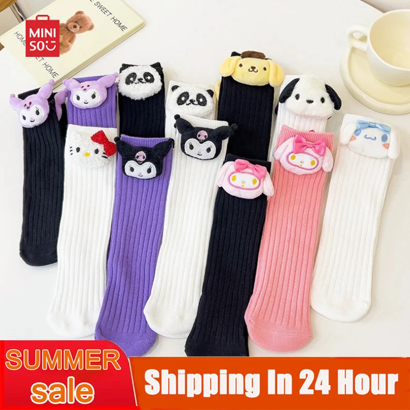 Miniso Hello Kitty Kuromi Cinnamoroll Children's Stockings Anime Cotton Socks Kawaii Mid-calf Sock Cosplay Dress Up Girl Gifts