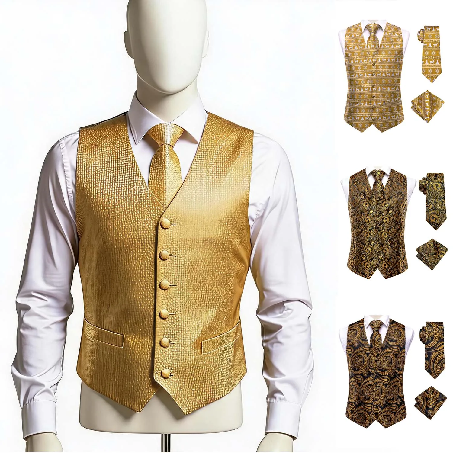 Conjunto de 3 Piezas de Chaleco Naranja Dorado, Chaleco Formal para Hombre con Corbata y Pañuelo de Bolsillo a Juego para Bodas y Negocios
