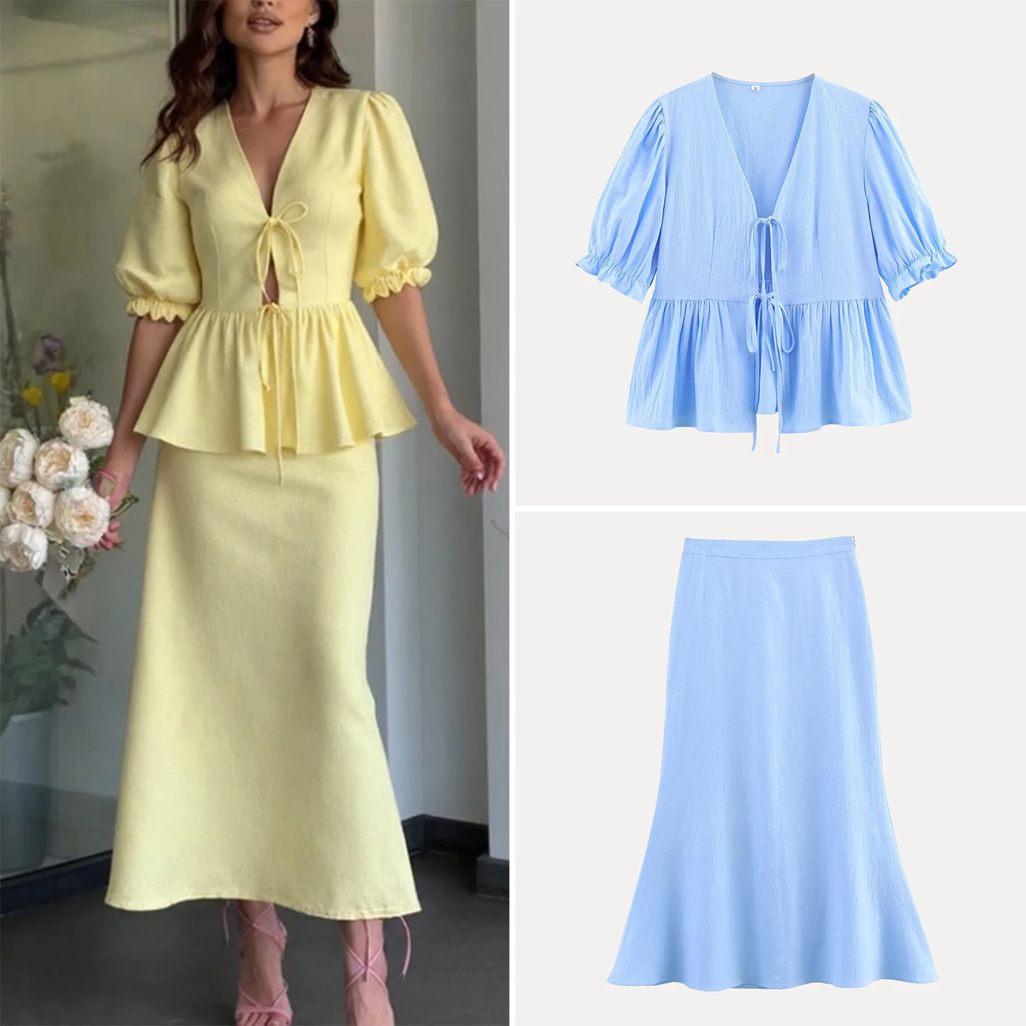 

Ele V-ne Bubble Sve Top with Belt And f Skirt Set Summer 2025 Women's Faion Two-piece Suit Long Pants ort Sve