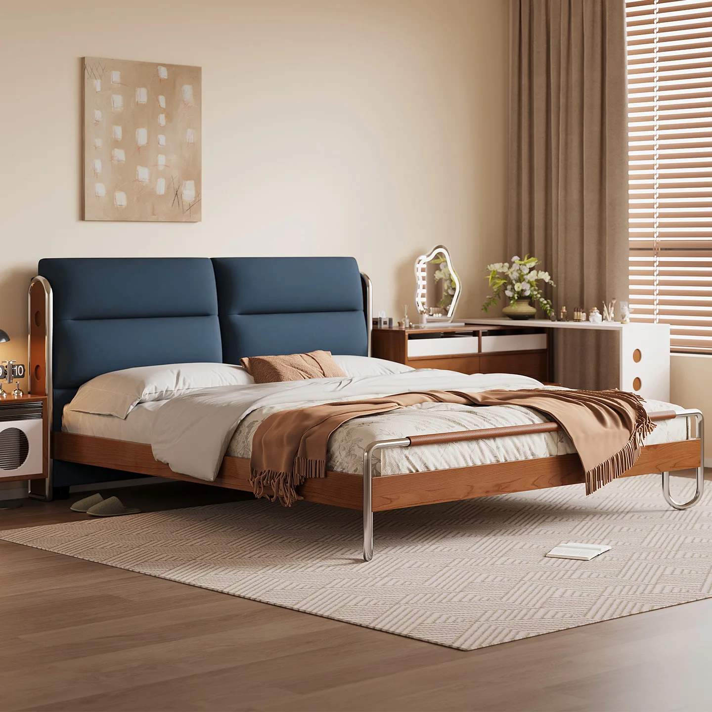 French retro, Chinese solid wood bed, home, retro soft bag bed