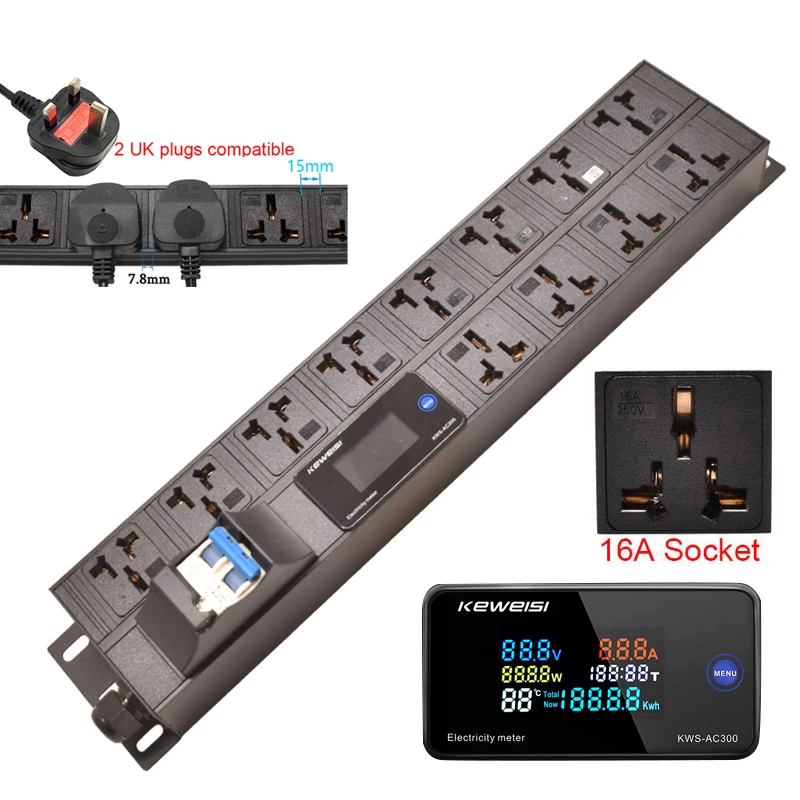 Faixa de energia pdu de 19 polegadas, amperímetro/voltímetro/testador de energia, interruptor de ar 16a, tomada de 12 vias, cabo de extensão de 2m, montagem em gabinete