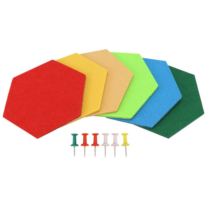 Panneau à épingles en feutre hexagonal auto-adhésif, mémo de bulletin, panneaux de liège photo, mousse colorée, carreaux décoratifs muraux, 6 punaises, paquet de 6
