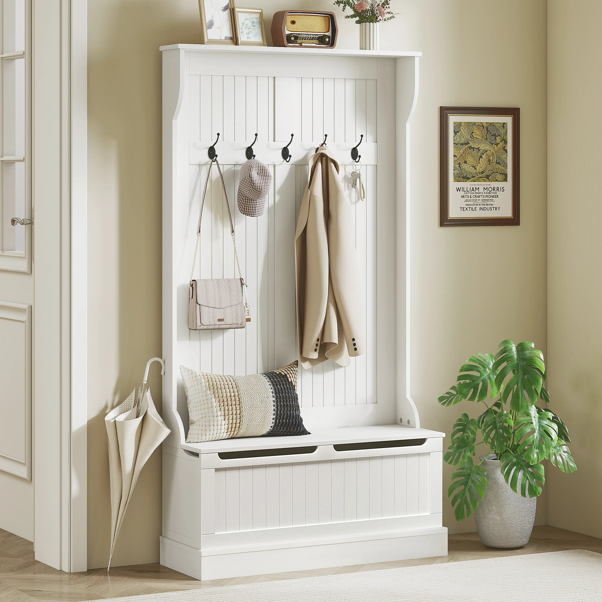 HOMCOM Hall Tree with Bench and Shoe Storage, 3-in-1 Entryway Bench with Coat Rack, 5 Hooks and Flip Top Storage Compartment, Cream White
