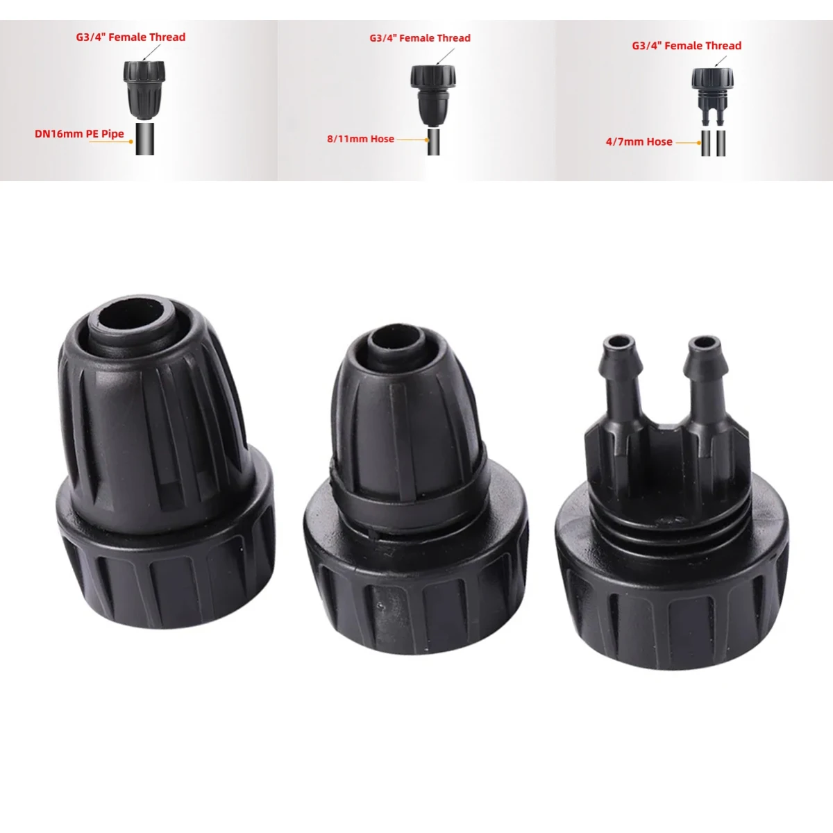 

10Pcs 3/4" Female Thread To DN16mm 8/11mm 4/7mm Hose Locked Straight 2-Way Black Connector Garden Drip Irrigation System Joint