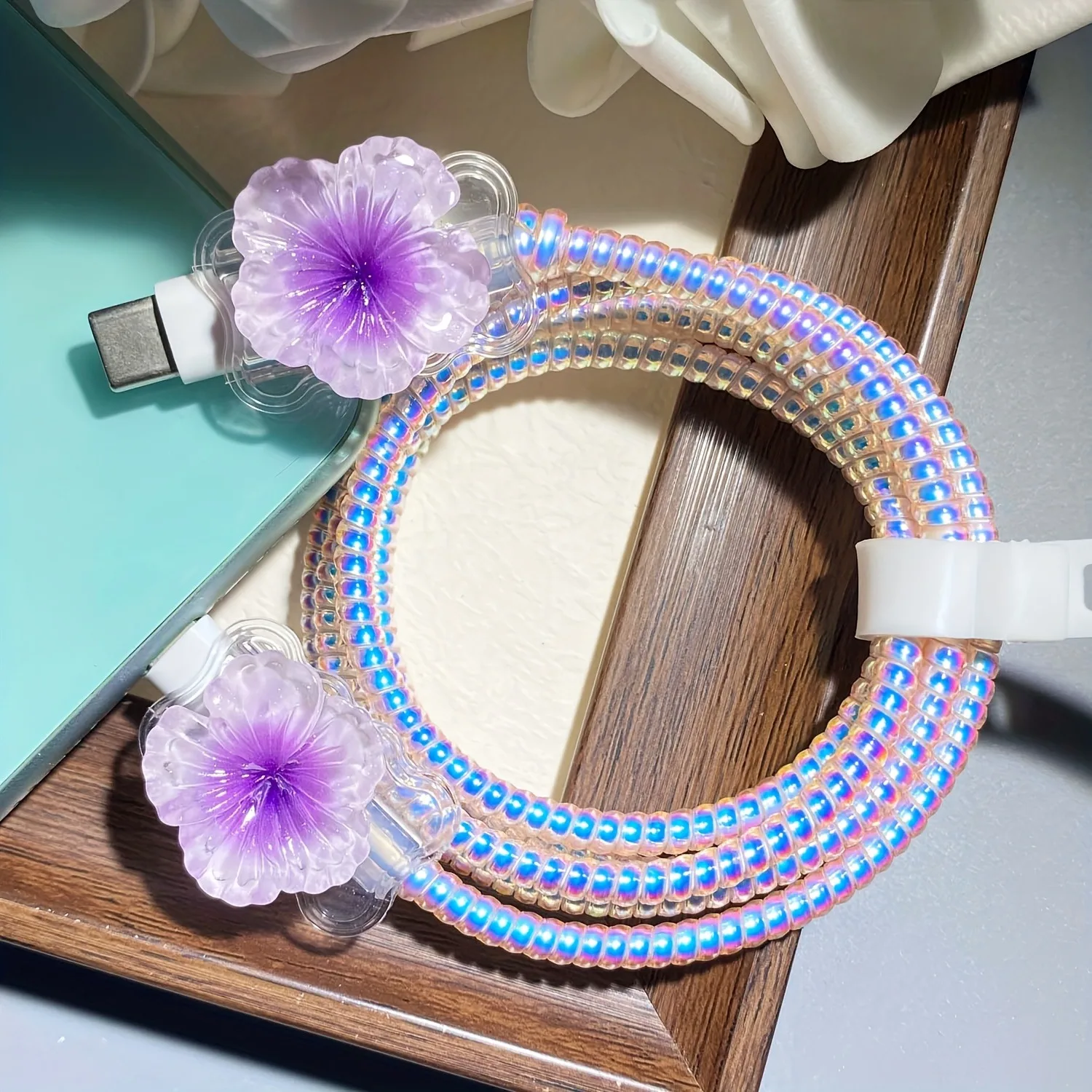 Colored Flower Laser White Line Circle Charger Protector Cover For iPhone For Samsung Type-C Charger Line Protectors Cover view 2