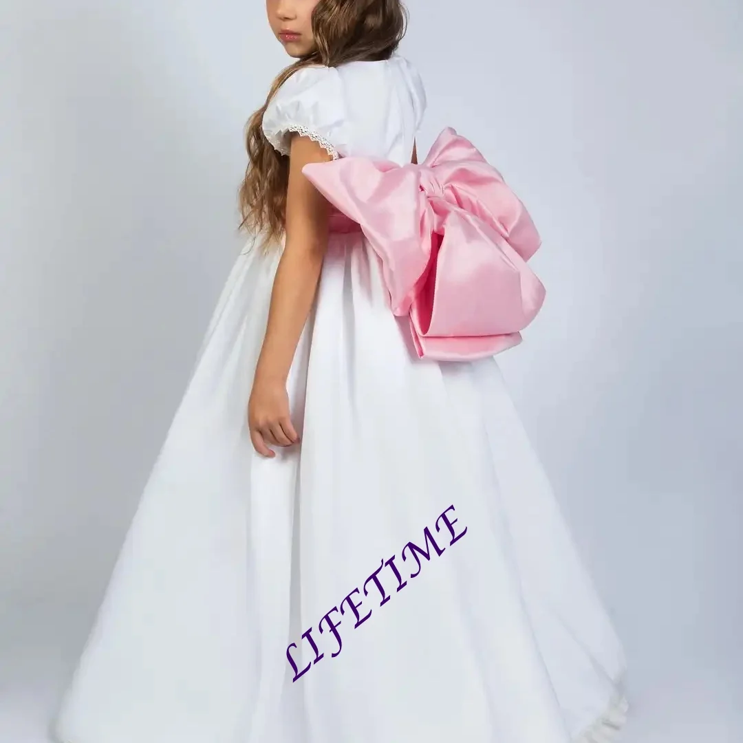 

Customized Fairy Girl Communion Ceremony Gown Bow A-line Half- Sleeve Floor length MiniBride Dress Customized