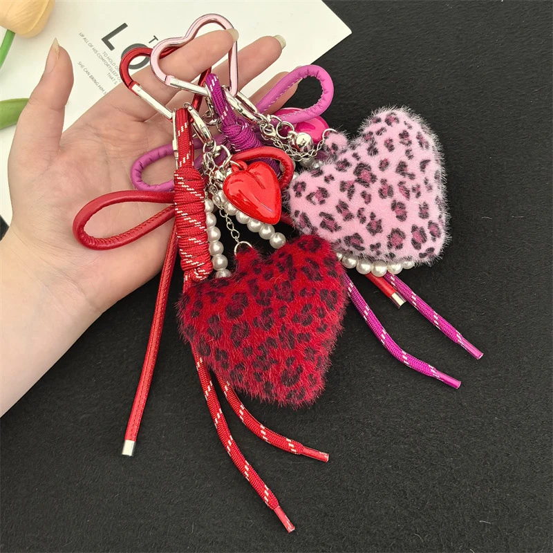 

Leopard Print Plush Keychain for Women Cute Fluffy Furry Ball Bag Charm with Braided Rope Luxury Gift Pendant for Bags Backpack