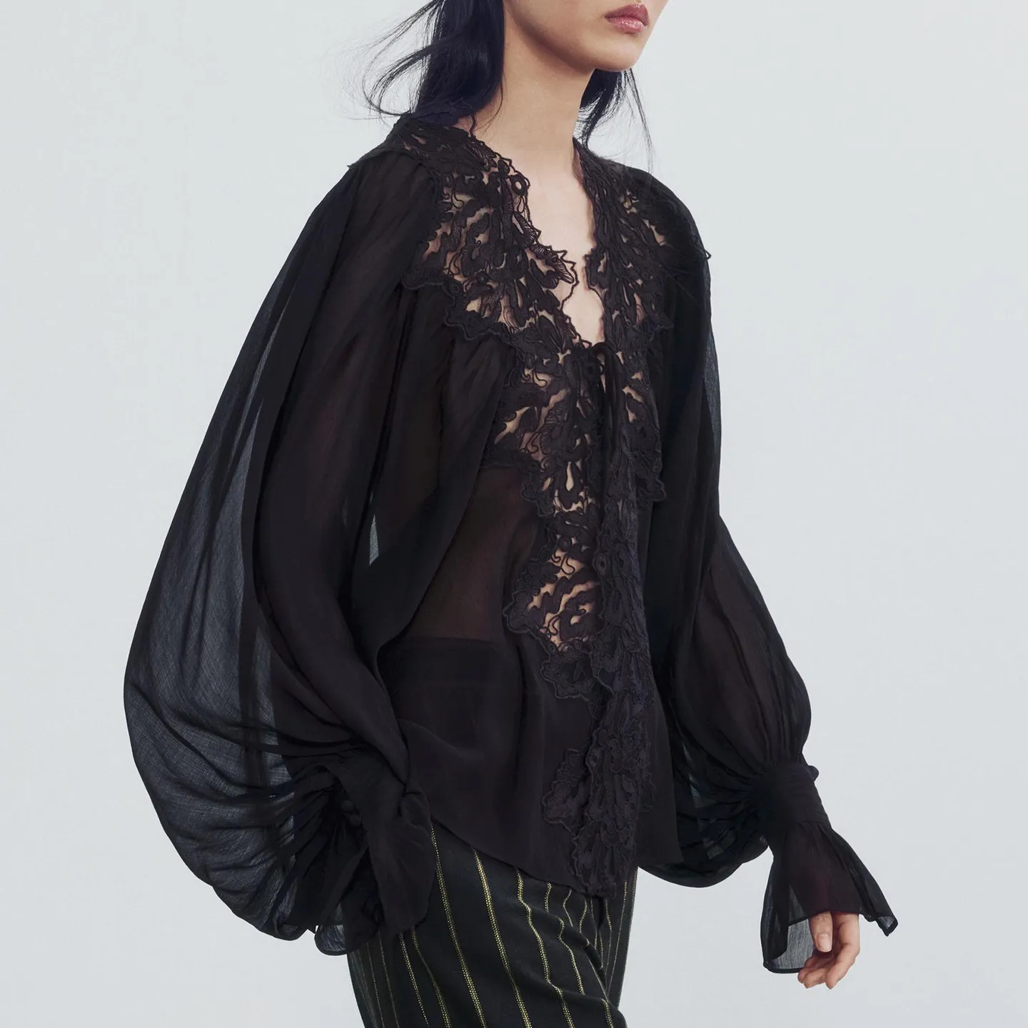 Fashionable Long Sleeve V-Neck Lace  Knot Shirt Women's Autumn Wear ZADATA Brand Personalized Style Other Material 100%