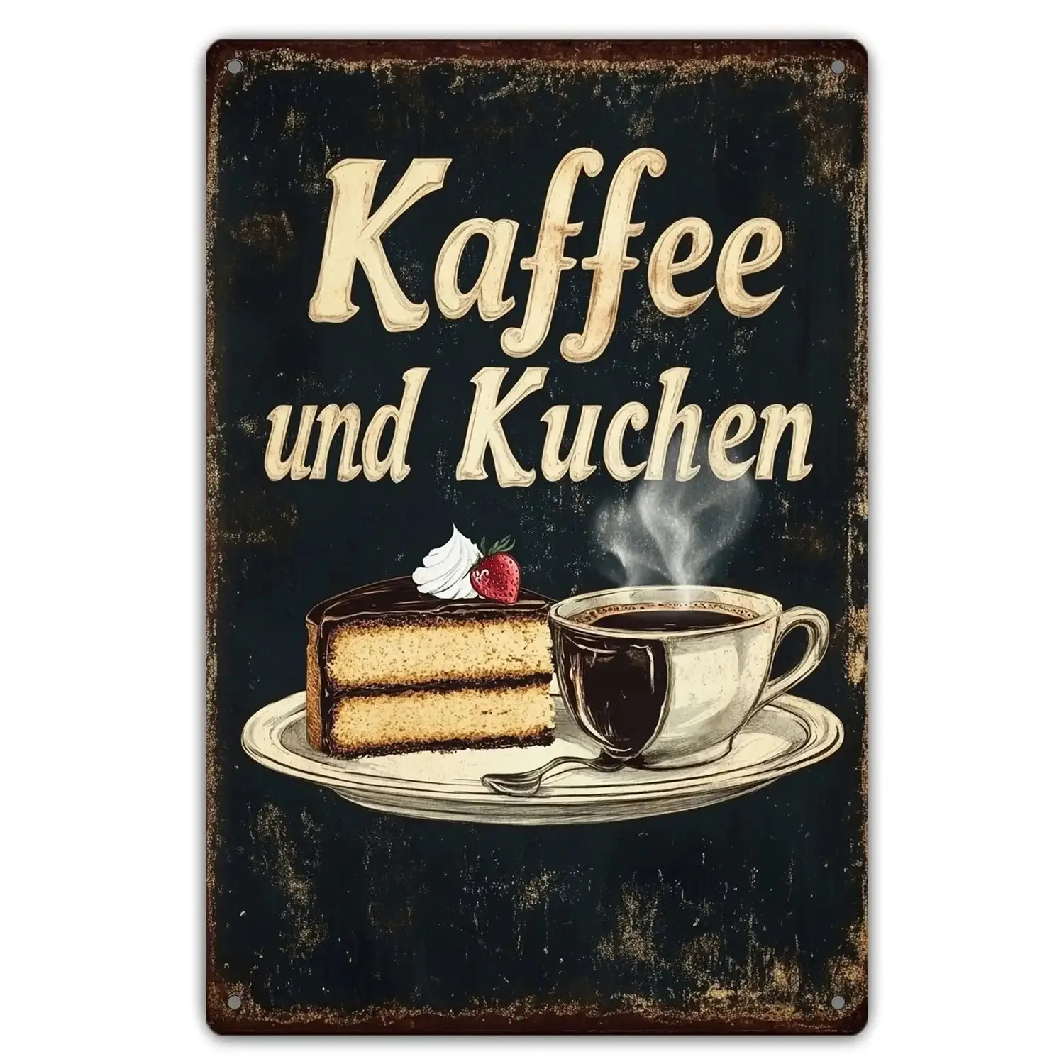 2D Flat, 1pc Vintage German Coffee & Cake Metal Wall Sign - Rustic Kaffee Und Kuchen Decor with Steaming Cups, Whipped & Laye