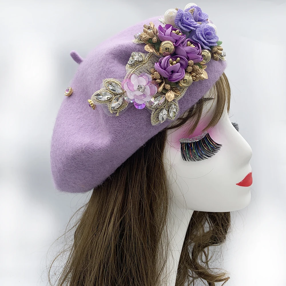 2024 Invierno otoño boina de Mujer flor diamantes turbante gorra Mujer envoltura para la cabeza capó Turbante Mujer