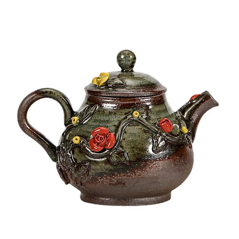 Handmade Tea Pot Japanese Vintage Rough Pottery Chai Shao Tea Pot Kung Fu Single Pot Hammer Pattern Lifting Beam Handmade