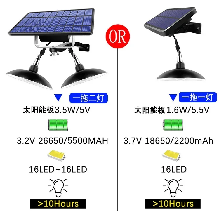 Double Heads Solar Pendant Light, Exterior e interior, Impermeável, 60 LED, Lâmpada com interruptor de puxar, Iluminação para jardim, Luz de inundação