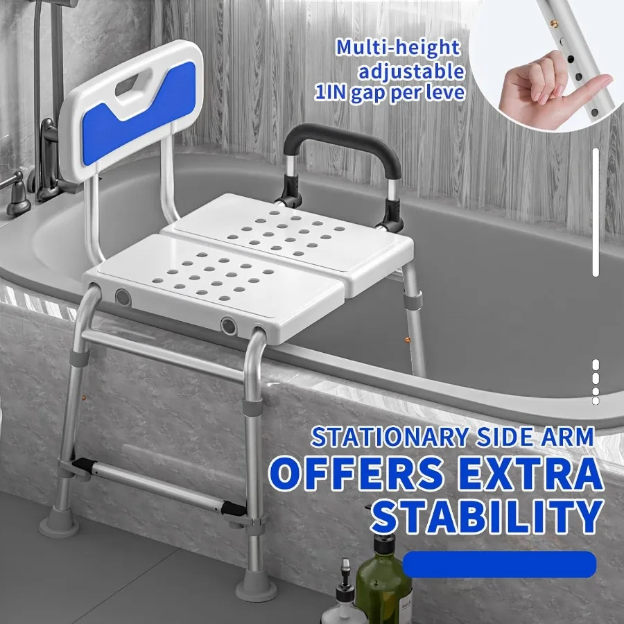 Heavy Duty Width Adjustable Bath Tub Transfer Shower Bench for Inside Tub Extended Shower Chair with Adjustable Height and Reve