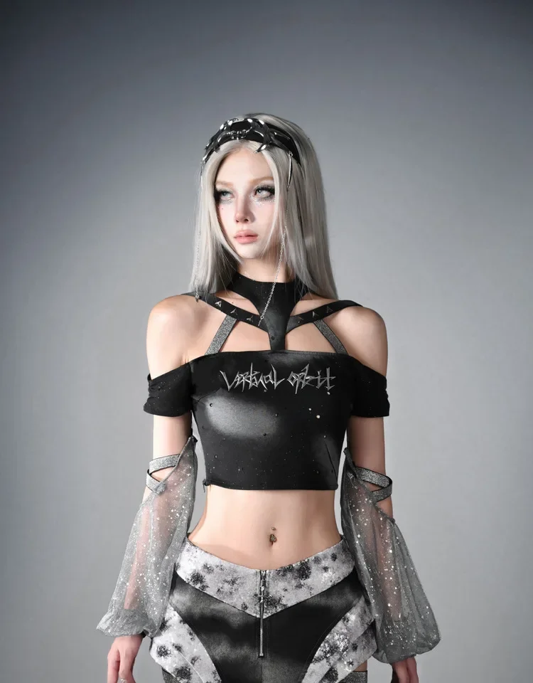 IMU original design y3k future printing removable mesh silver sleeve two ways summer shirt halter neck black punk gothic tshirt