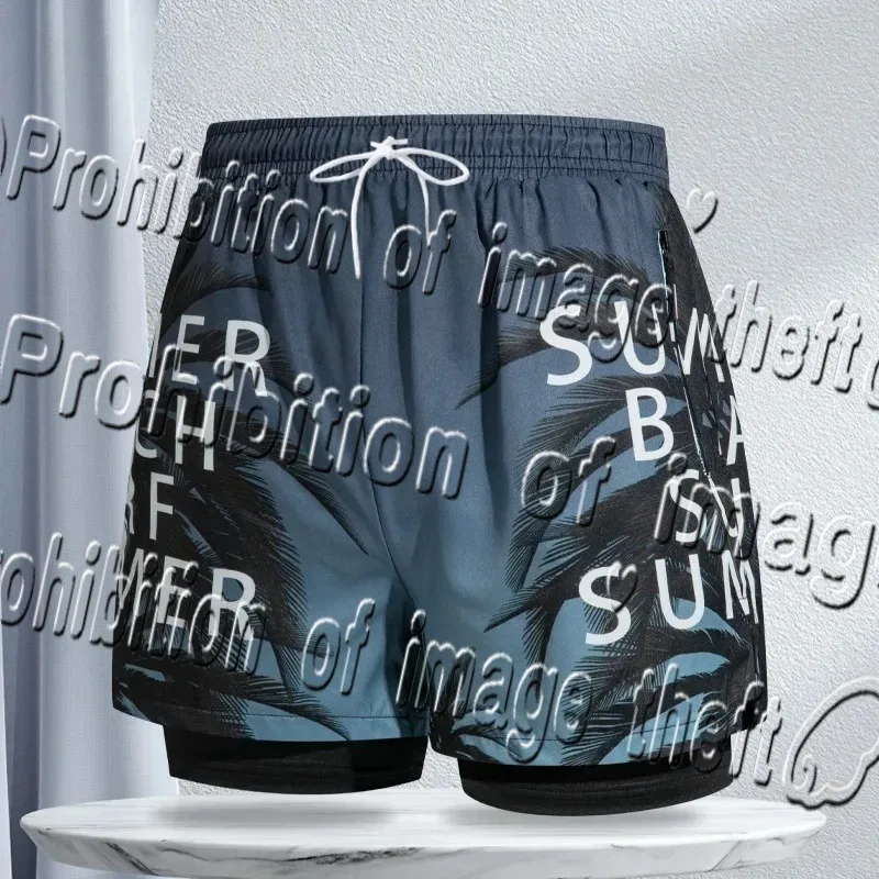 

Summer Men's Swimming Trunks Double-layer Zippered Designer Mens Boxer Shorts Coconut Tree Print Board MOTO Shorts for Male