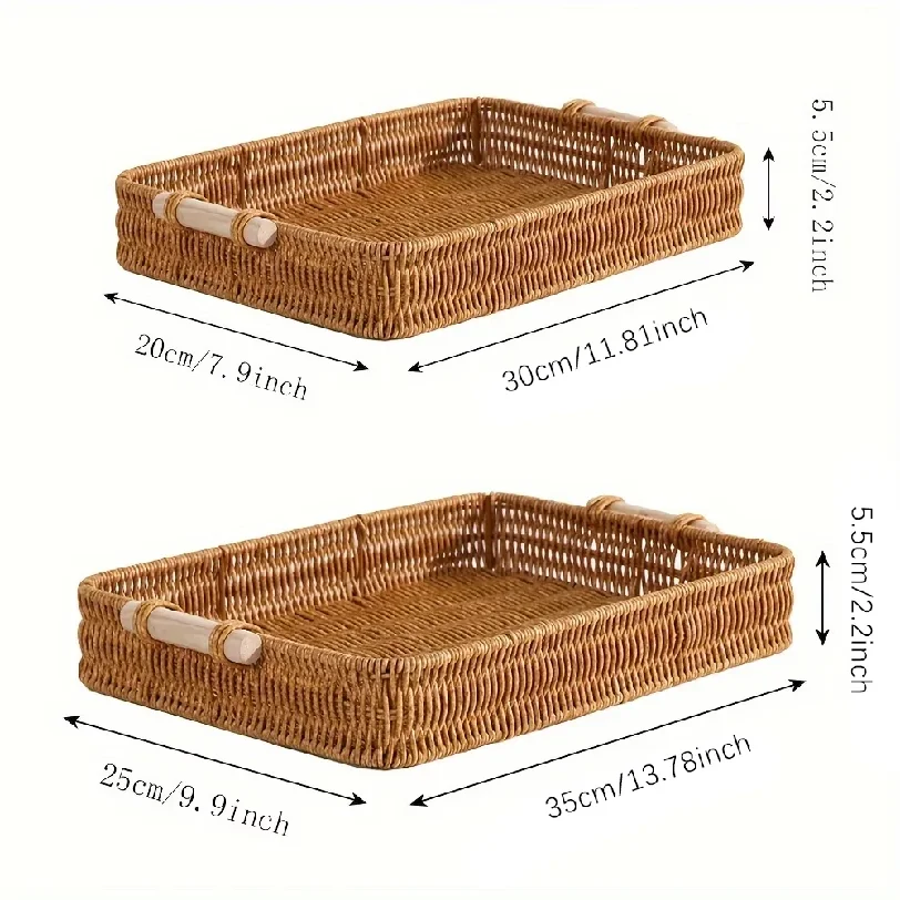 2Pcs Rattan-like Woven Basket Set Rectangular Double Ear Tray Heat Resistant Fruit Snack Storage Ramadan Decor Living Room Home