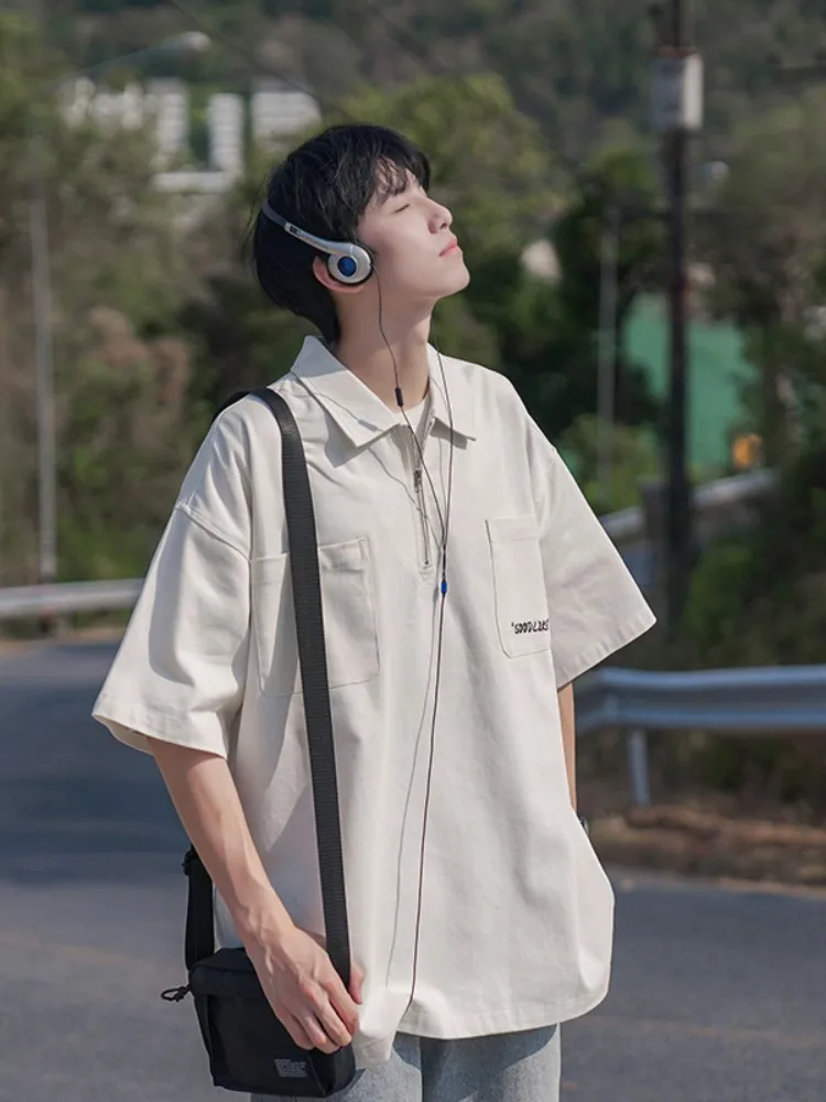 

Retro Japanese Sle y ort Sve irt Men's Summer Trendy Loose f Zipper Collar T-irt f Sve Top