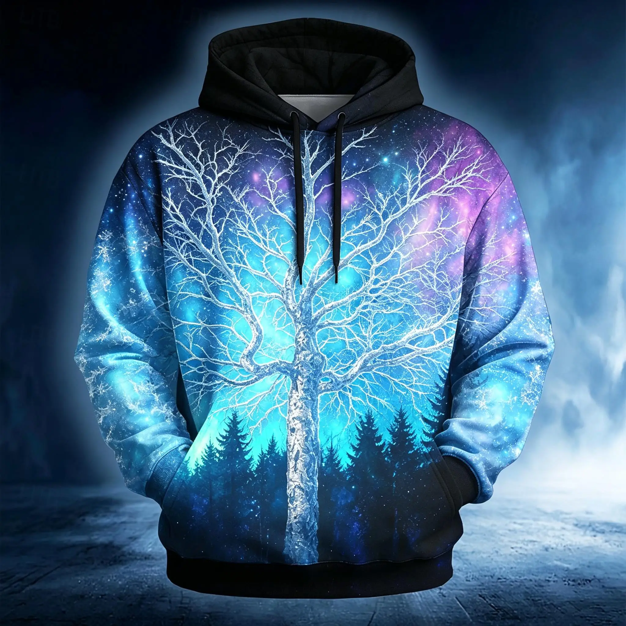 Men's Glowing Magic Tree Forest Full Print Hoodie Halloween Gothic Long Sleeve Pullover Sweatshirt For Streetwear