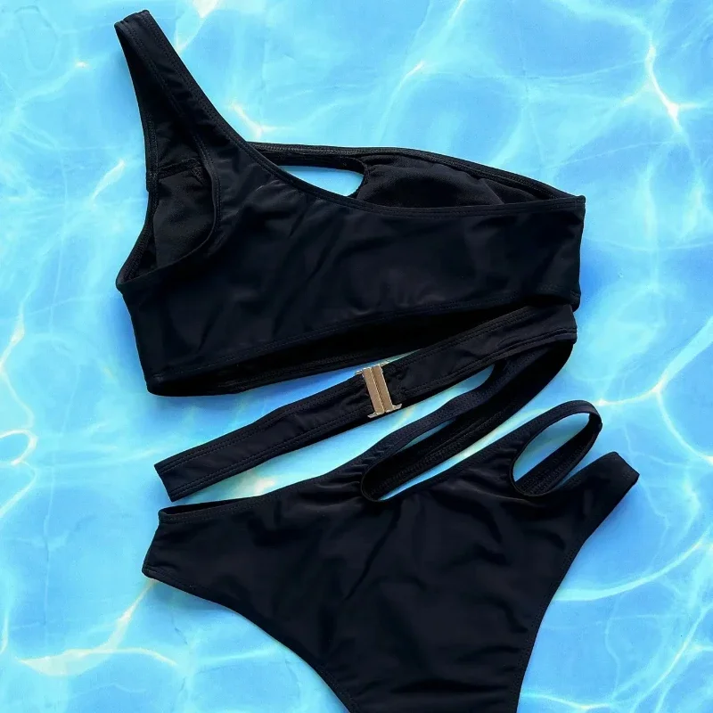 섹시 할로우 아웃 비키니 세트 2025 여성 블랙 원 숄더 붕대 원피스 수영복 여름 수영복 하이 웨이스트 수영복