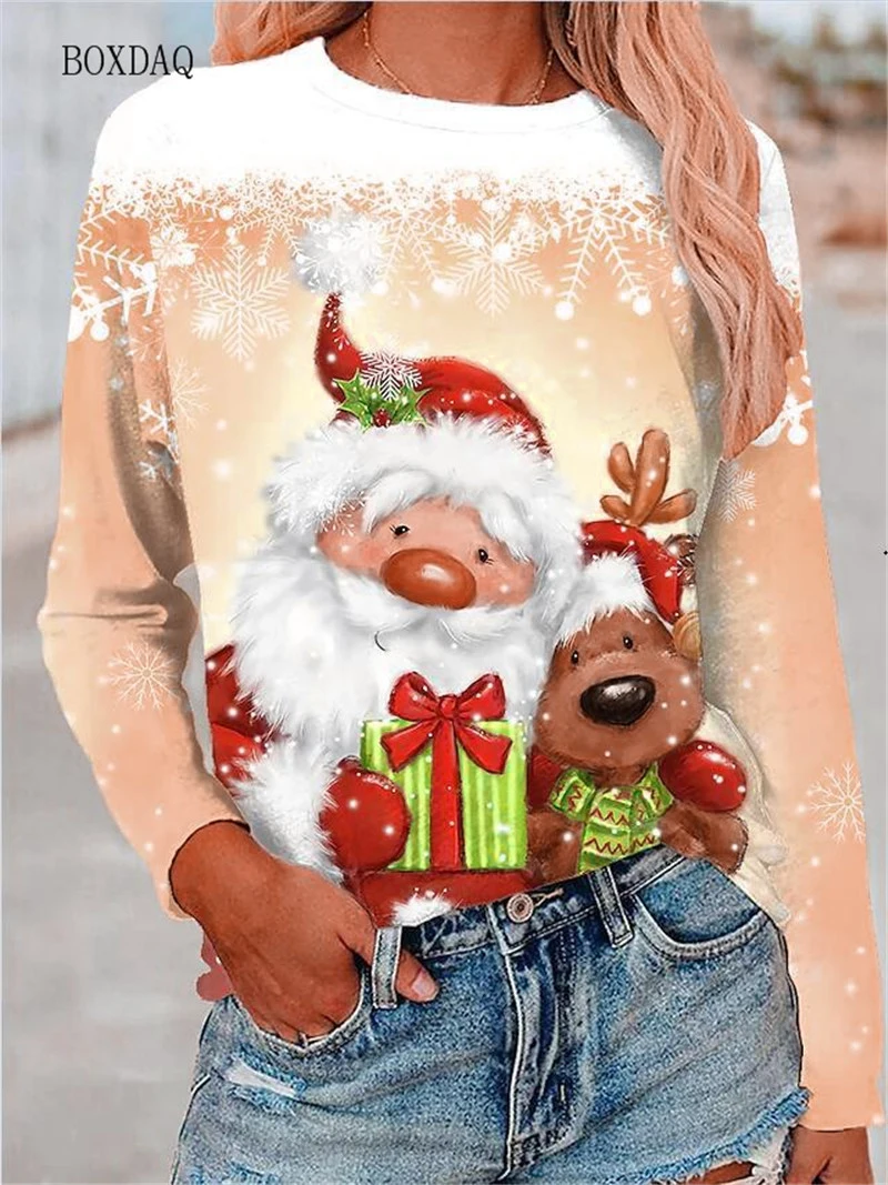 6XL Big Size Women Clothing Christmas T-shirts Autumn Winter Long Sleeve 3d Santa Claus And Snowman Print Cartoon Cute Lady Tops