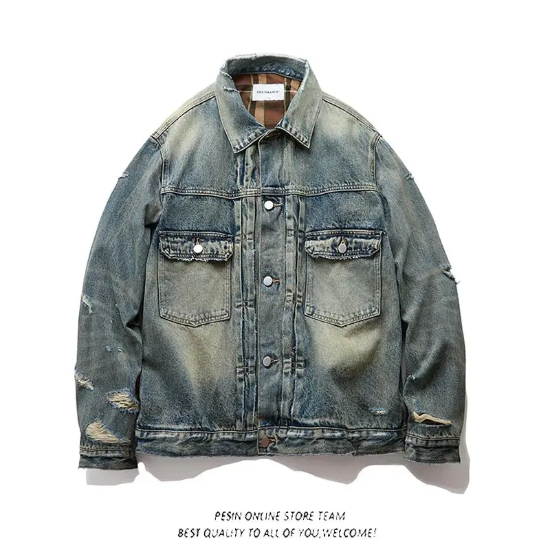 

Retro Japanese Sle Casual Destroyed Patchwork Loose Fit Collar Men's Denim Jaet Youth Trend Windproof Long Sve Outerwear