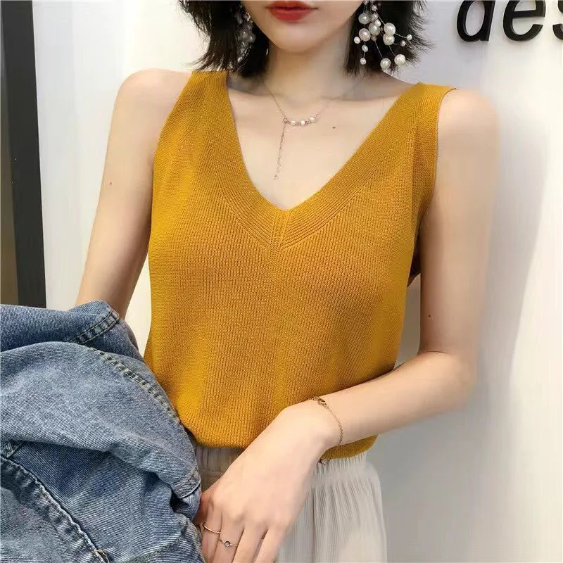 Ice silk Tanks camisole vest women summer sleeveless knitted sweater Korean version loose V-neck short base top trendy top Camis