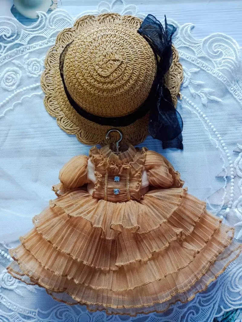 BJD Doll clothes suitable for 1/6 Blythe 20cm cotton doll size brown lace short sleeve dress + hat doll accessories