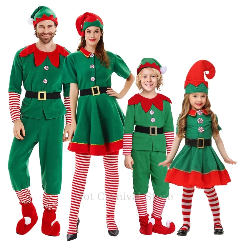 

2025 Green Elf Cosplay Carnival Party New Year Fancy Outfit Santa Claus Family Christmas Costume for Girls Boys Men Women