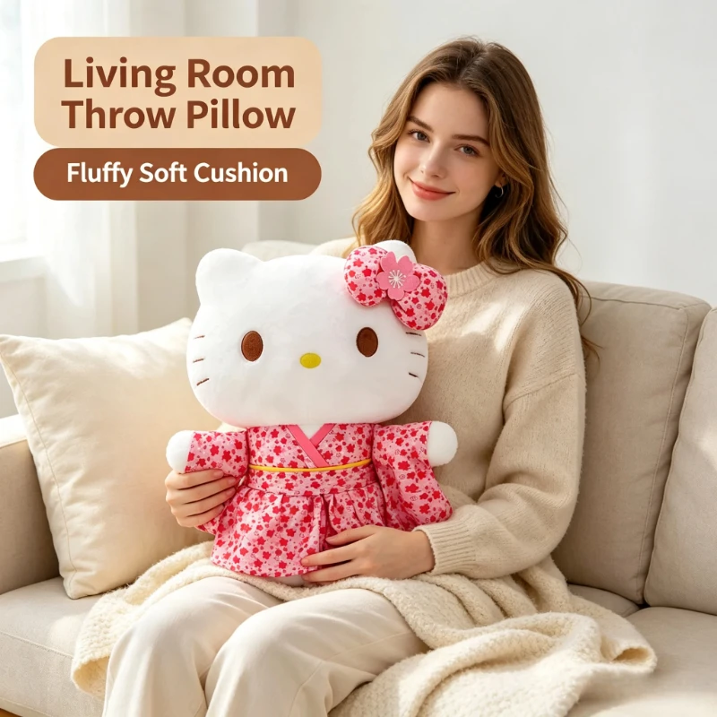 Sakura Bow Decor Hello Kitty Kimono Plush Doll, Fluffy Plush Cushion, Bedroom Sofa Pillow, Sweet Girls Holiday Gift