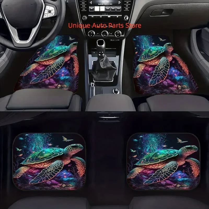 Set of 4 Car Floor Mats Featuring an Ocean Turtle And Coral Design, Ideal for Sedans, Suvs, And Trucks. Perfect for Enhancing Yo