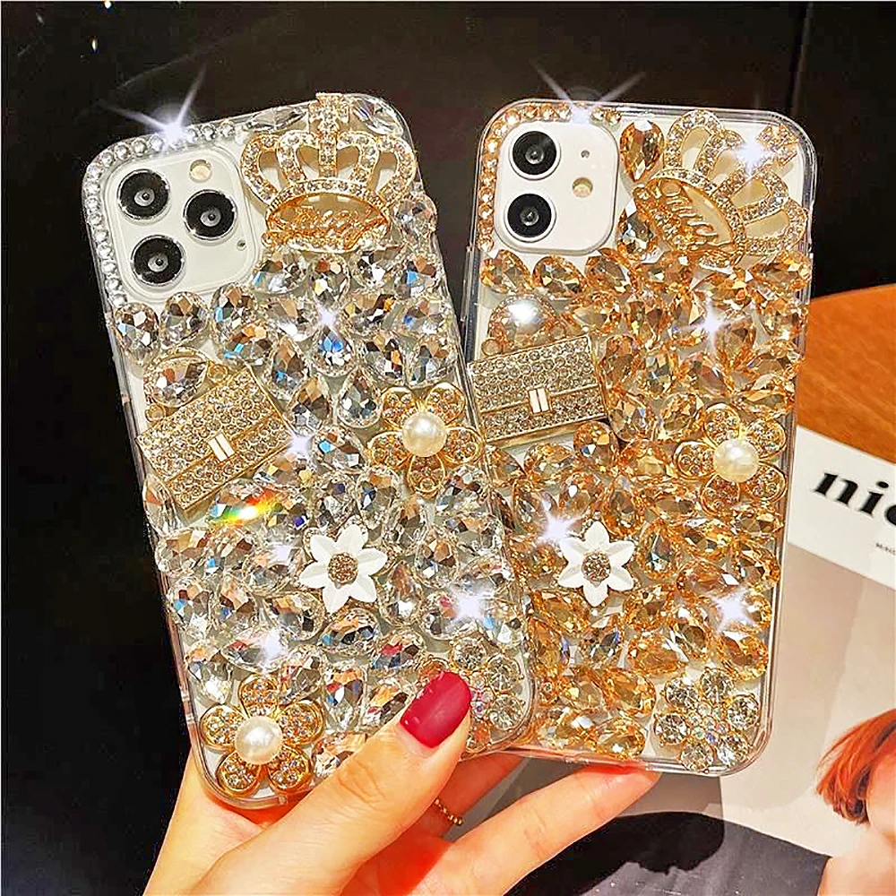 Glitter Diamond Crown Bag Pearl Flower Clear Phone Case For iPhone 14 13 12 11 Pro Max X XR XS 7 8 Plus Rhinestone Back Cover