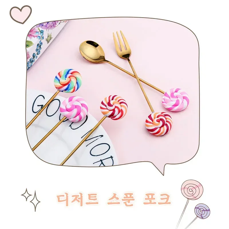 Cuchara pequeña de dibujos animados para mujer y niño, tenedor de postre de acero inoxidable, piruleta arcoíris, rosquilla, Macaron, regalo de Año